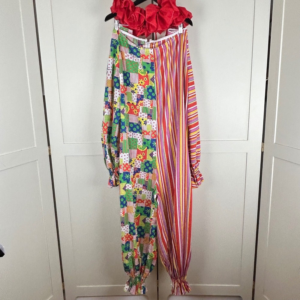 Vintage 70s Clown Costume Adult XL Patchwork Striped Handmade Ruffle Circus